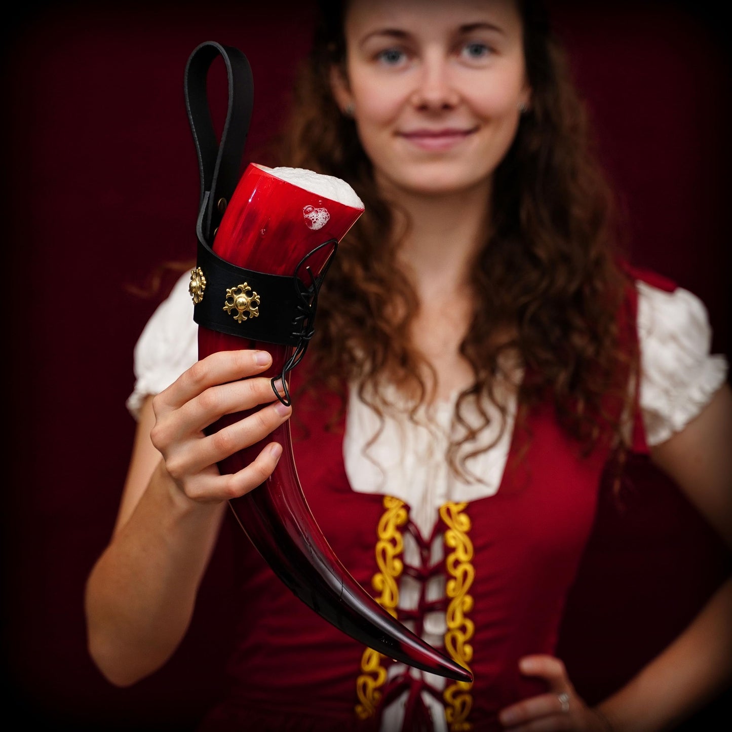 Mythrojan THE RED WITCH Viking Drinking Horn with Black Leather holder Authentic Medieval Inspired Viking Wine/Mead Mug – Polished Finish