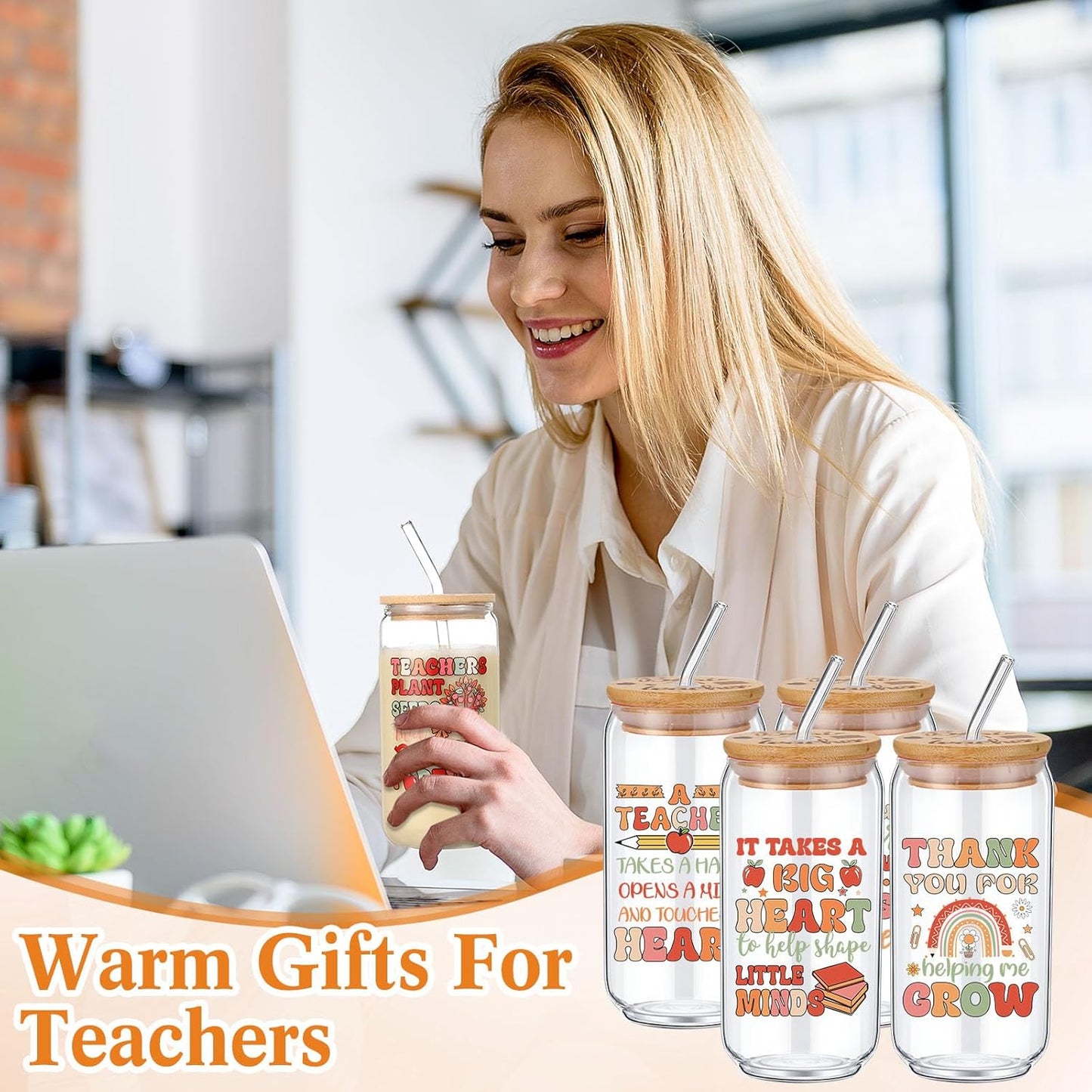 Tioncy 12 Pcs Positive Thank You Gifts for Women Appreciation Teacher Nurse Christian Religous Gifts 16oz Glass Cup with Bamboo Lids Straws Coffee Drinking Jars for Coworker