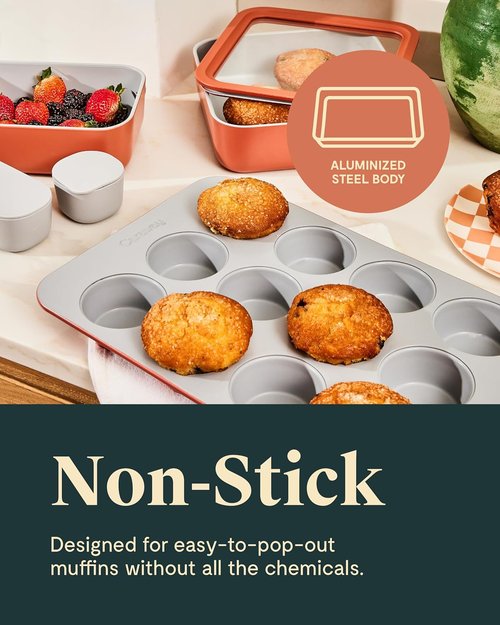 Caraway Non-Stick Ceramic Muffin Pan - 12-Cup Design with Naturally Slick Coating - Non-Toxic & PTFE Free - Gray