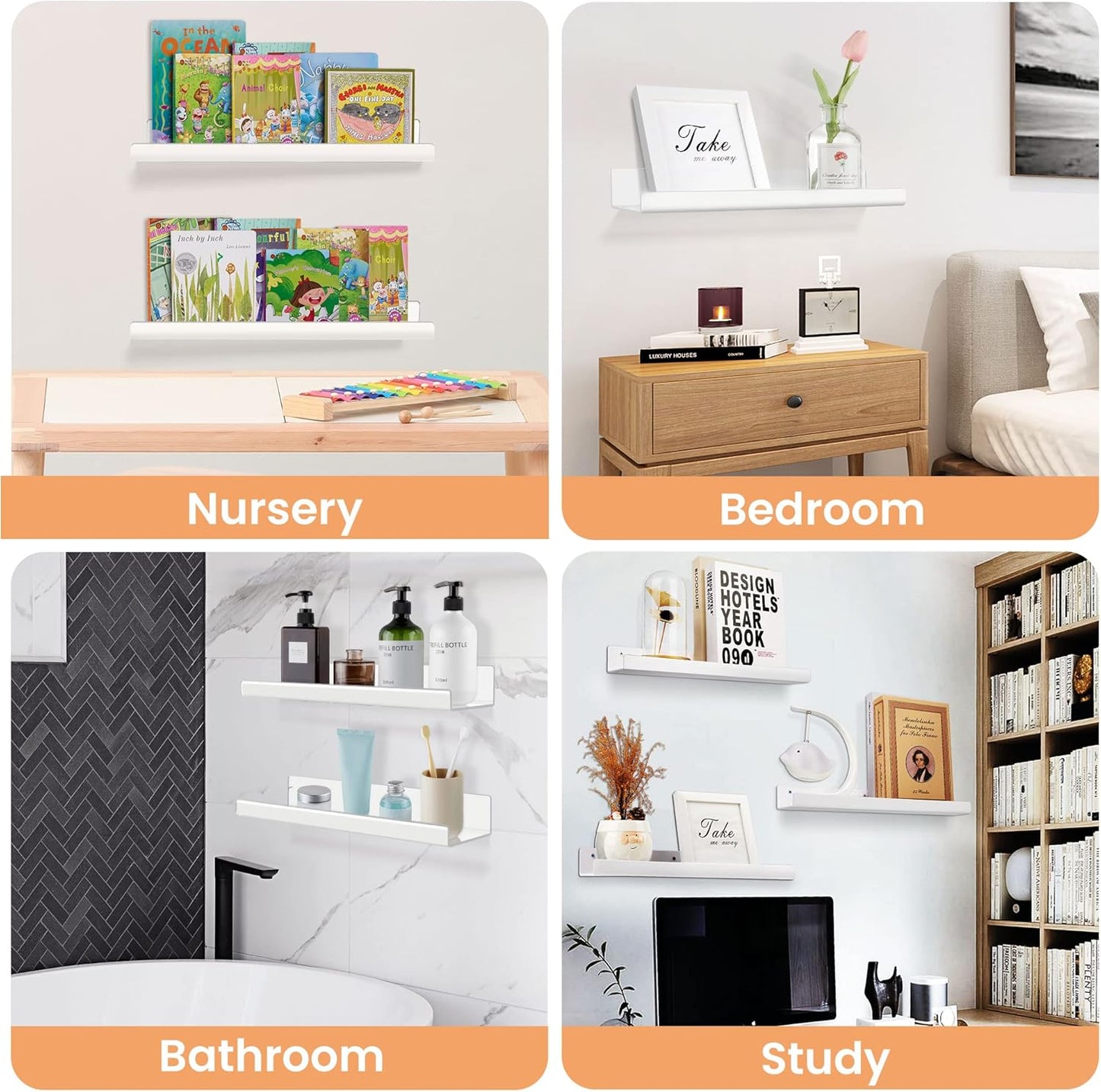Upsimples Acrylic Wall Shelves - 15" Floating Display Shelf Set for Perfume & Books | White, 4 Pack