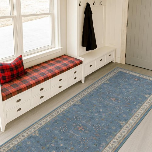 Hazo Haus Light Blue 2x8 Washable Runner - Boho Non-Slip Vintage Floral Rug for Hallway & Kitchen