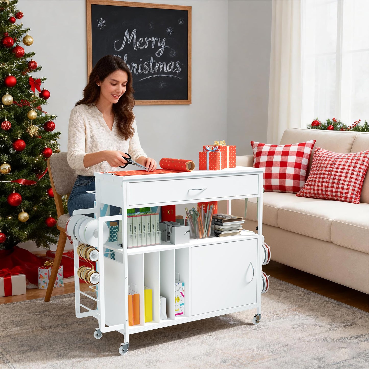 Zethvax Height-Adjustable Gift Wrapping Station with Paper Clamp & Adhesive Measuring Tape,Rolling Wrapping Paper Cart with Ribbon & Gift Bag Storage, Craft Organizer Workstation (White)
