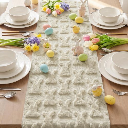 Artoid Mode Beige Soft Plush Faux Fur Jacquard Bunny Rabbit Easter Table Runner, Seasonal Spring Kitchen Dining Table Decoration for Home Party Decor 13x72 Inch