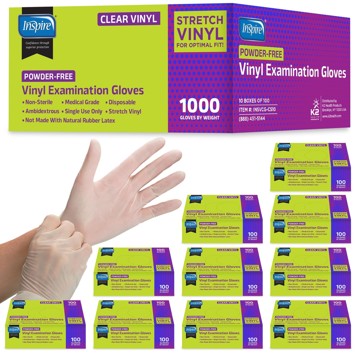 Inspire Exam Medical Clear Vinyl Disposable Gloves - Latex Free for Cleaning, Food Prep (Large)