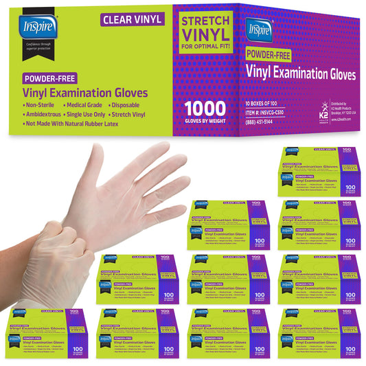 Inspire Exam Medical Clear Vinyl Disposable Gloves - Latex Free for Cleaning, Food Prep (Large)