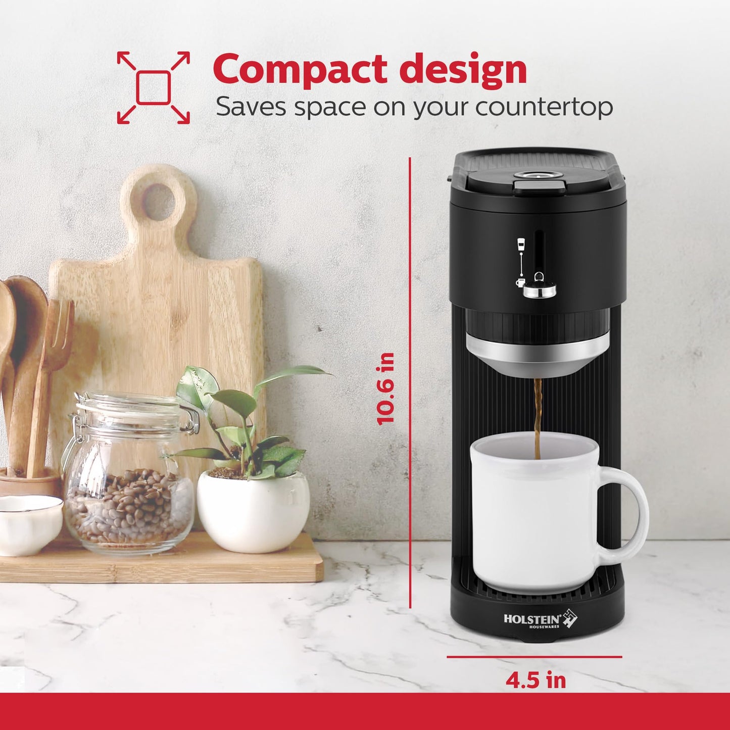 Holstein Housewares 2-in-1 Single Serve Coffee Maker, Dual Brew, Compatible with K-Cup Pods & Ground Coffee, Reusable Filter Included, Compact Drip Coffee Machine, 14oz Tank, Fits Most Cups - White