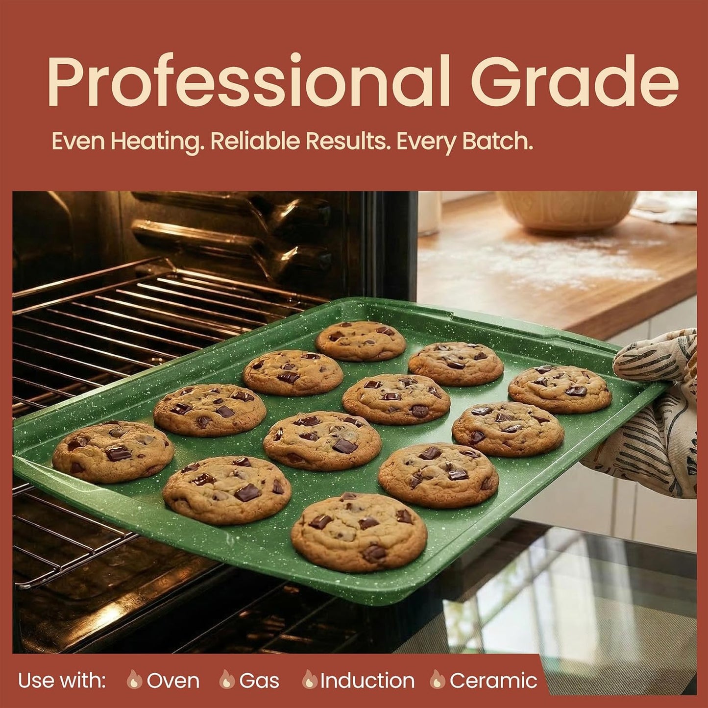 BAKKEN Nonstick Baking Pan Set - Green Marble Coating, Oven Safe Up to 450°F | Set of 3 Essential Bakeware