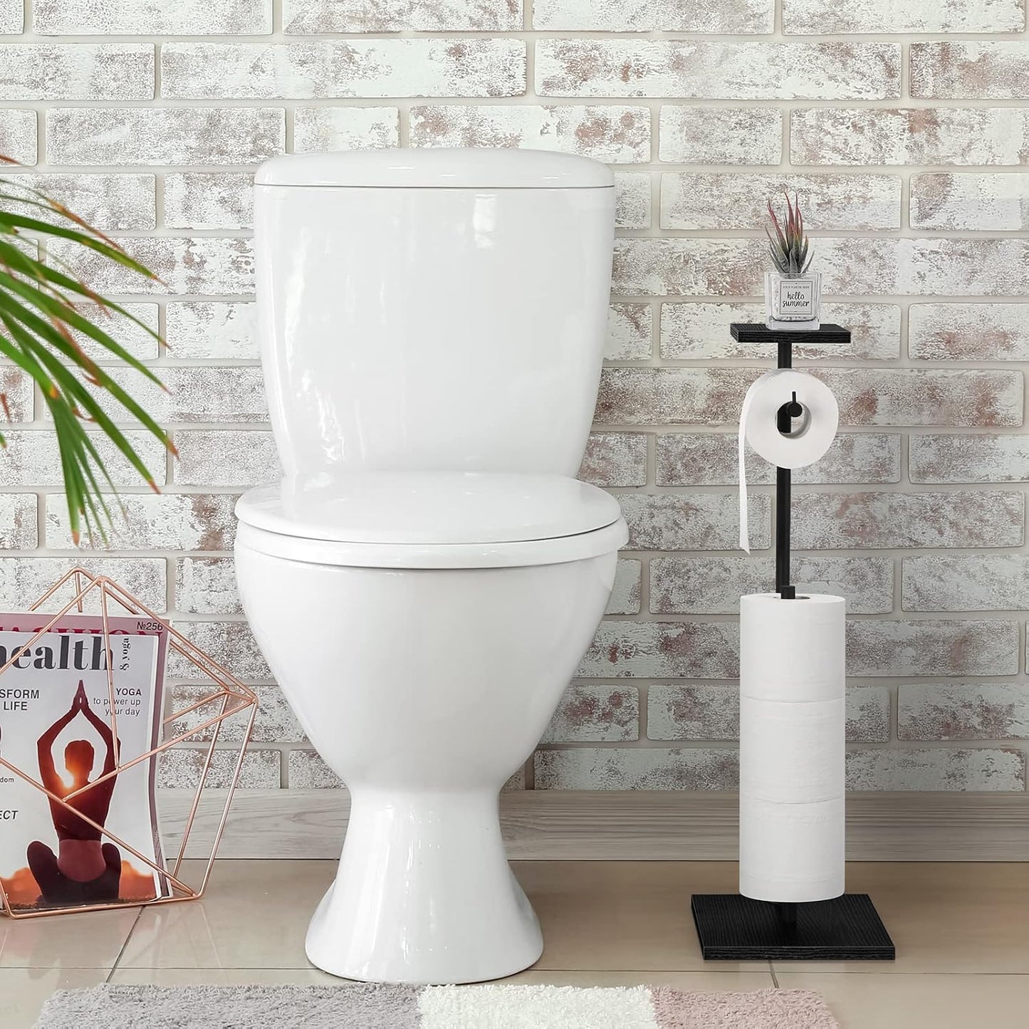 Skiennix Free Standing Toilet Paper Holder - Black Bathroom Tissue Dispenser with Storage Shelf