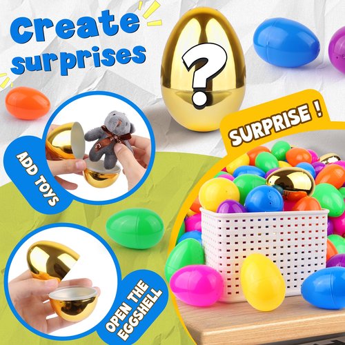 Grastfu 200 Pack 3 Inch Large Plastic Easter Eggs Bulk Include 6 Surprise Golden Eggs, Colorful Fillable Easter Egg Empty for Easter Hunt, Easter Basket Stuffers Fillers, Theme Party Favors Prize