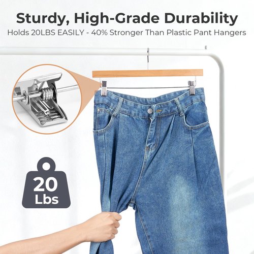 HOUSE DAY Premium Wooden Pants Hangers 25 Pack, Solid Lotus Wood Skirt Hangers with 2-Adjustable Clips, Heavy Duty & Anti Slip Wood Bottom Hanger for Slacks, Jeans, Trousers, Shorts (Natural)