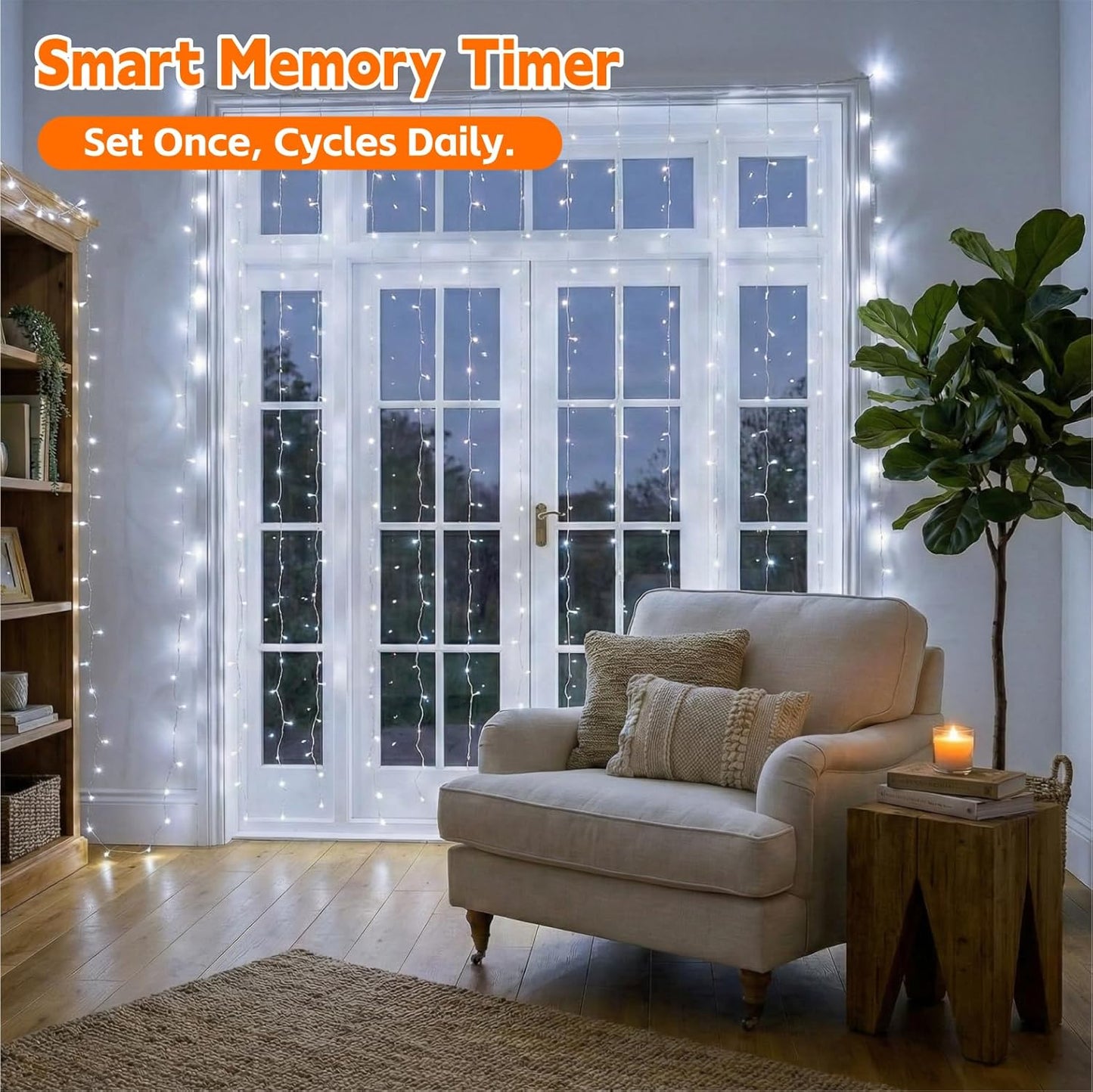 Skiennix 200LED Fairy Curtain String Lights - 6.6x6.6ft White Indoor Decor | 8 Modes Remote Control