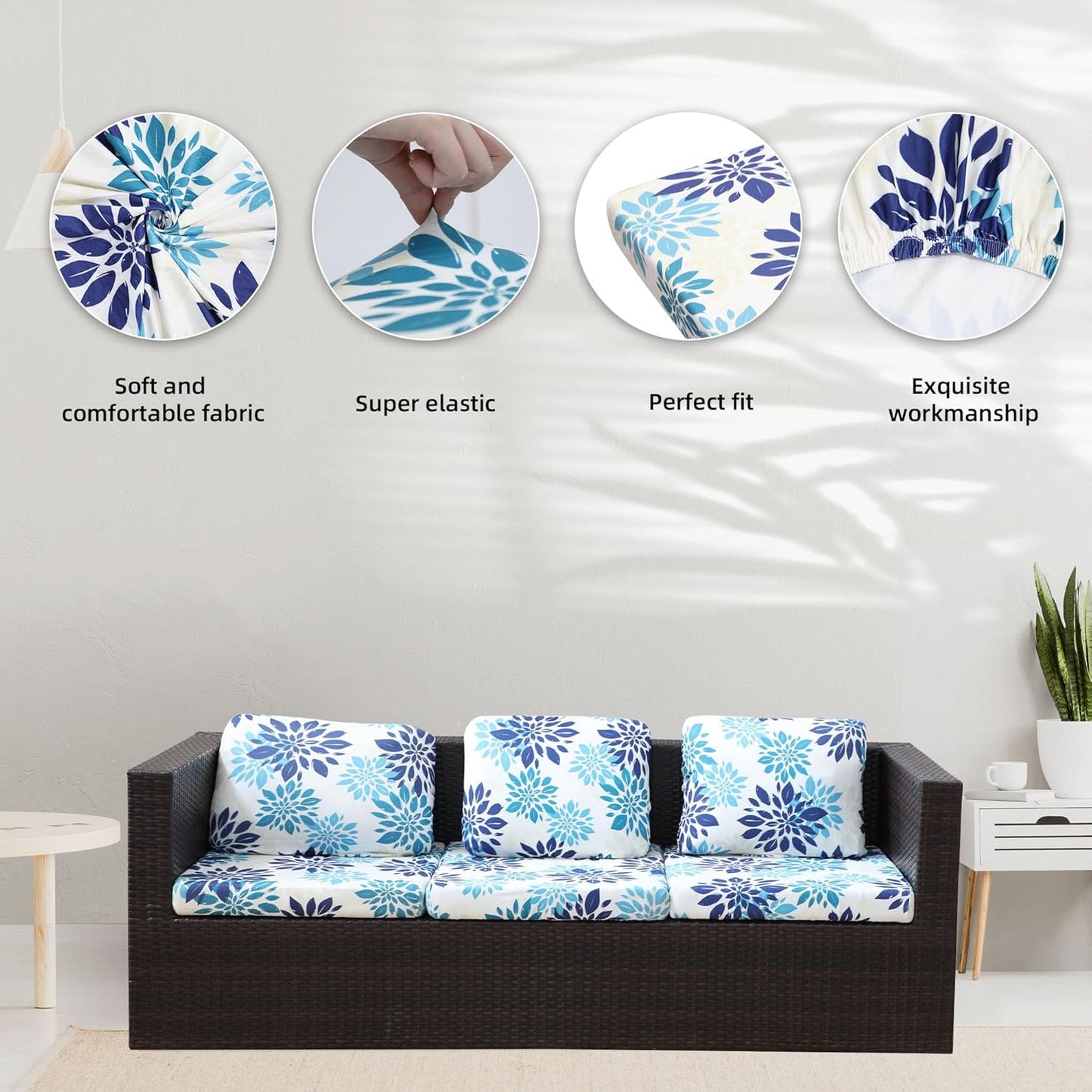 Skiennix 8-Piece Stretch Patio Cushion Covers - Washable Outdoor Sofa Slipcovers in Blue Flower Design