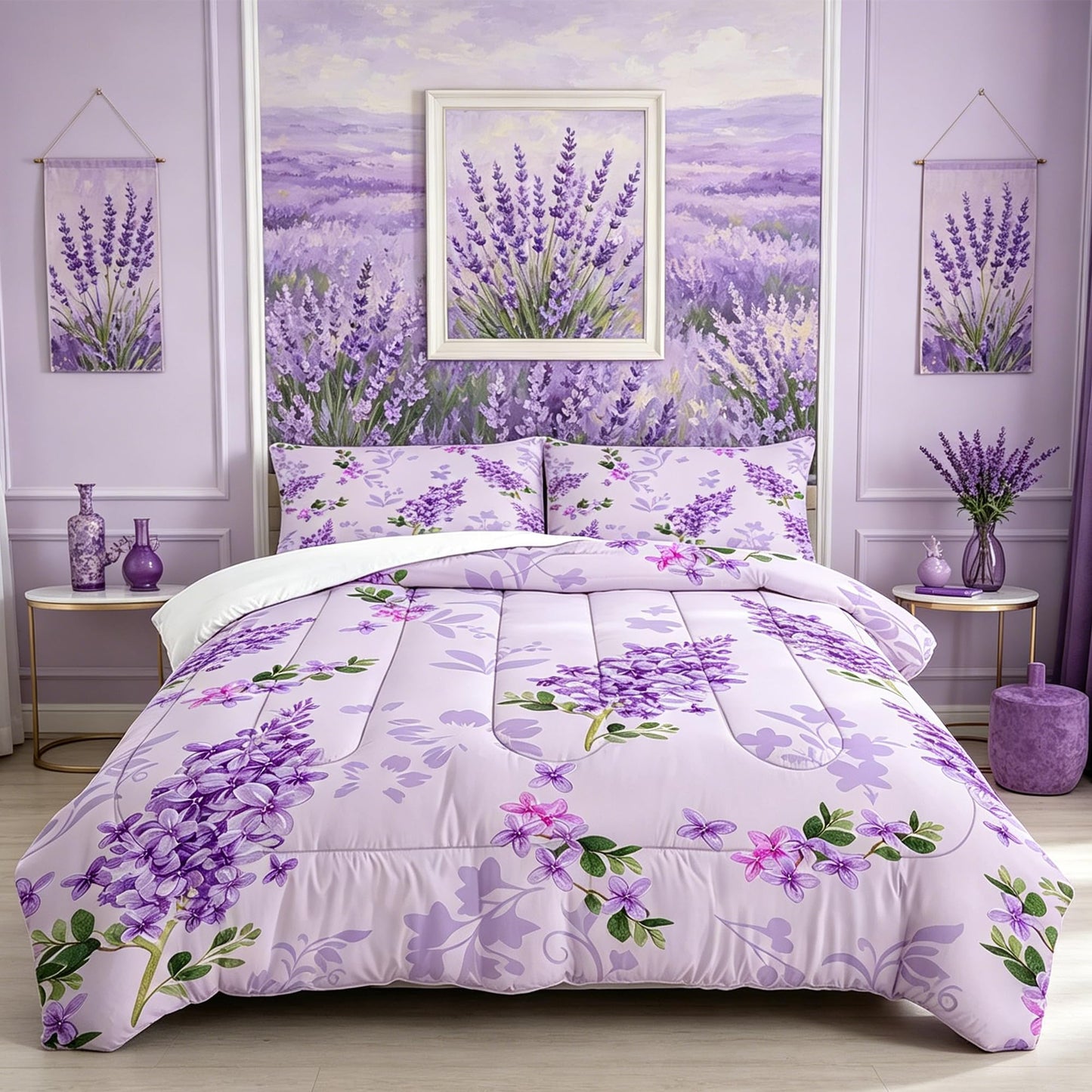 FUYEUN Floral Bedding Set King: Purple Lilac Flower Comforter for Girls Women Kids Teens Bedroom Bed Bedspread Quilt,1 Comforter + 2 Pillow Cases