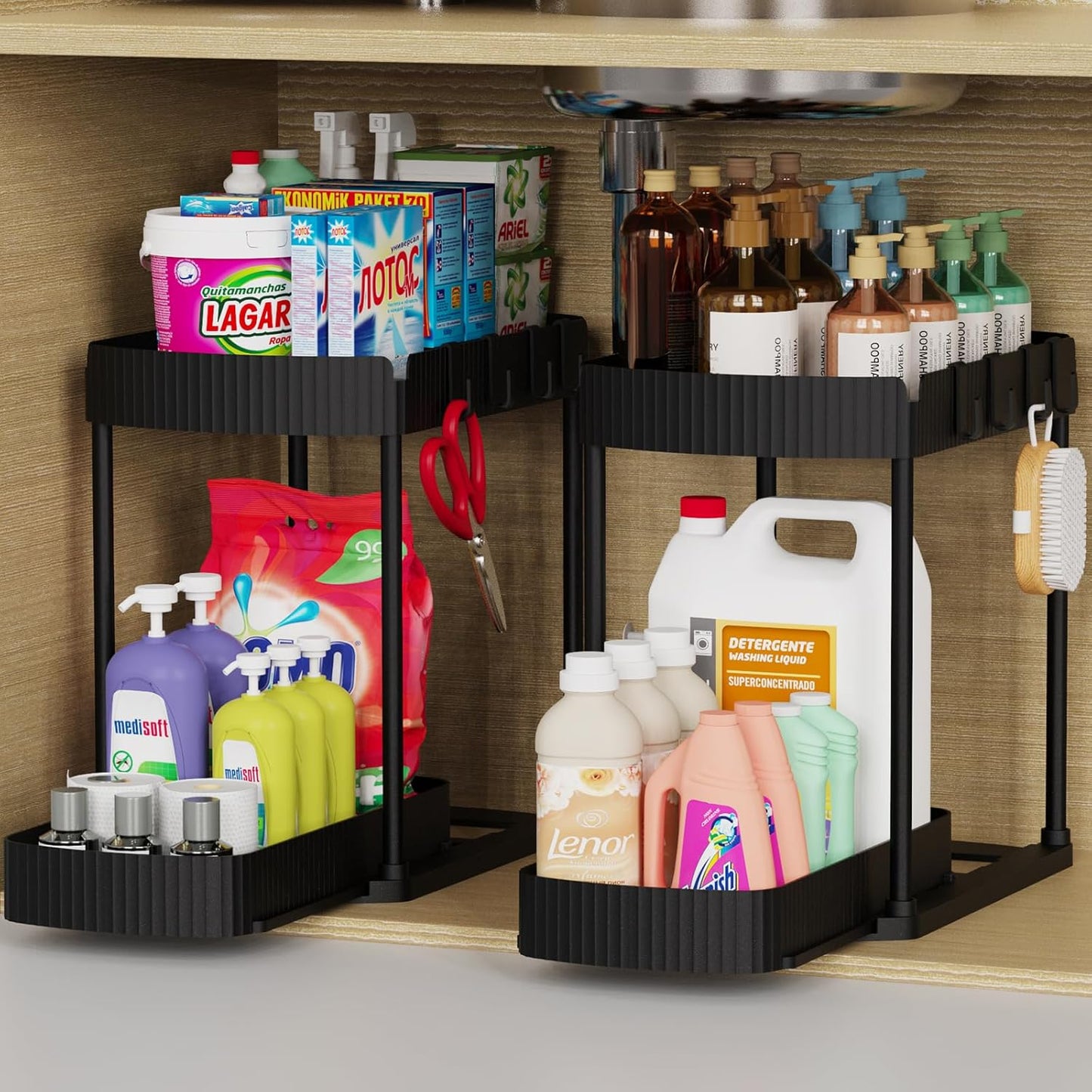 Ukeetap Pull-Out Storage Organizers - Multi-Purpose Under Sink & Cabinet Solution, Black, 12.8 Inches, 2 Packs