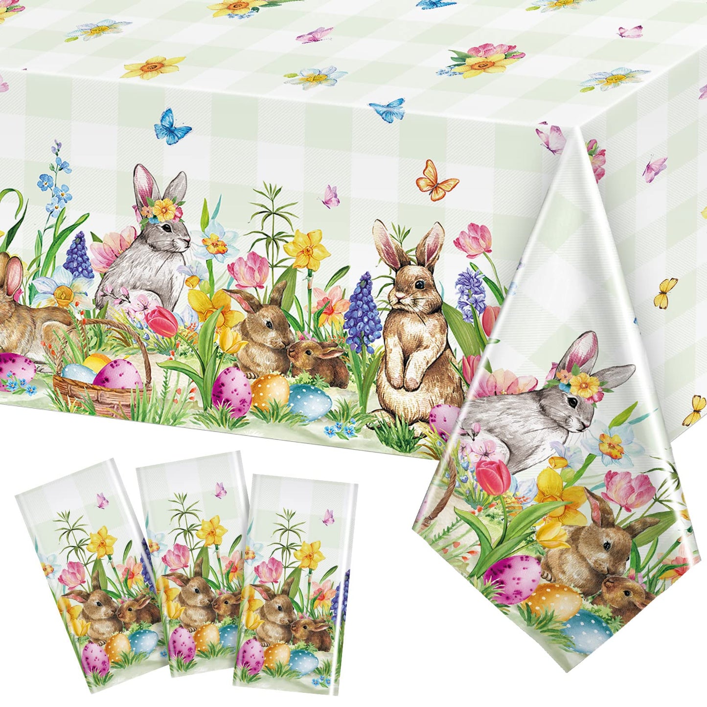 Riakrum 3 Pcs Easter Tablecloth Rectangle Plastic Bunny Eggs Table Cover Floral Table Cloth for Happy Easter Spring Holiday Party Decoration and Supplies, 54 x 108 Inch (Floral Bunny)