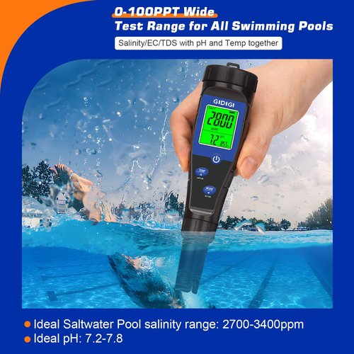 GIDIGI Salt Tester for Pool, pH Meter Digital 5-in-1 pH TDS EC Salt Content Meter with Calibration Solution Set, pH ppm Meter for Salt Water Pool, Aquarium, Hot Tub, Spa, Hydroponics, Home Brew