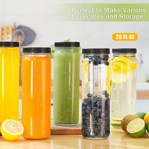 Huichuiero [8 Pack] 20 Oz Glass Juicing Bottles w Airtight Lids - Reusable Drinking Jars w Scale, Travel Water Cups - Tall Mason Jar for Juice, Boba, Smoothie, Vanilla Extract(Extra 3 Lids)