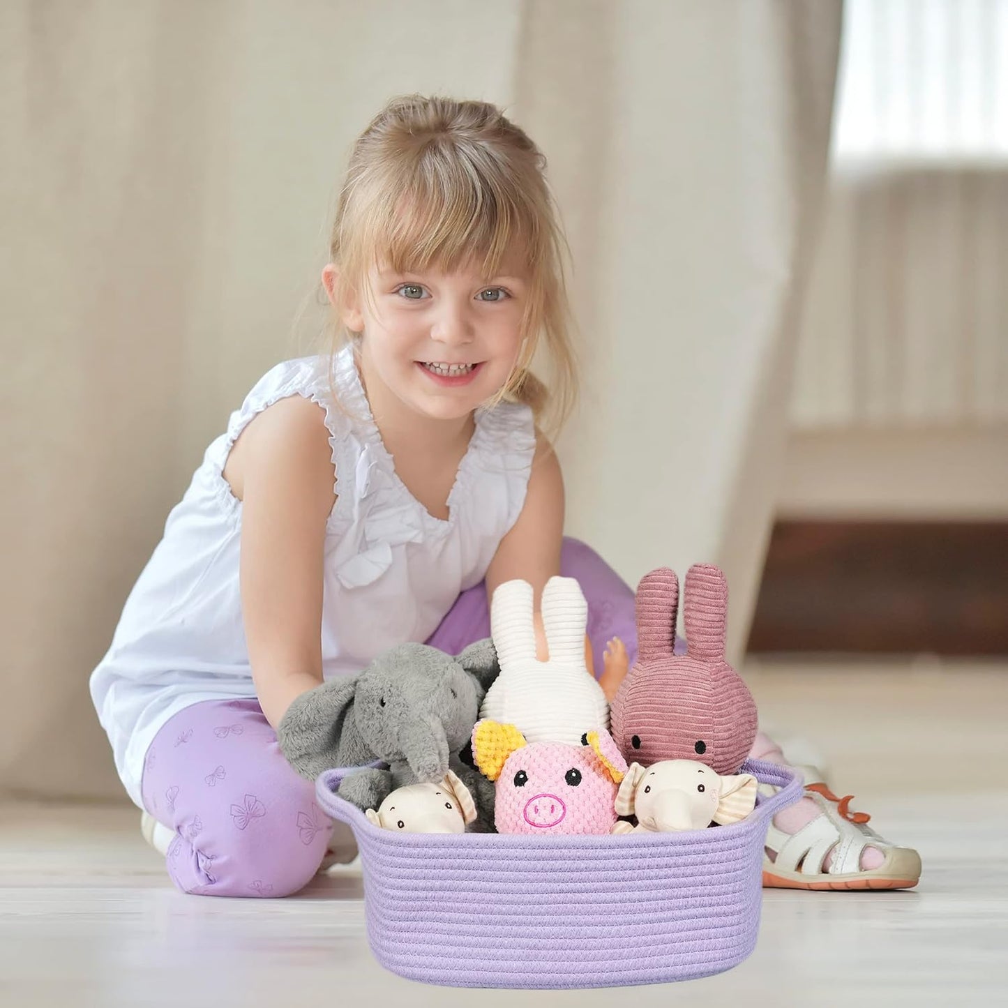 XUANGUO Woven Cotton Rope Storage Basket - Decorative Rectangle Toy Bin with Handles | Light Purple
