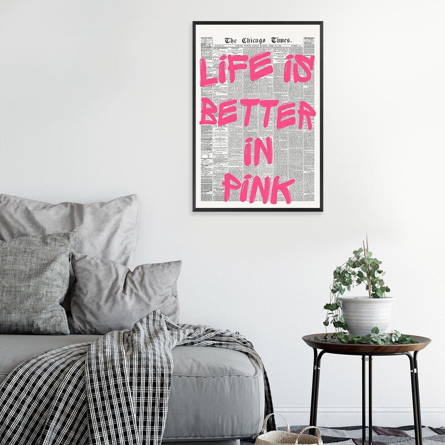 Skiennix Pink Wall Art - Retro Newspaper Canvas Poster with Positive Quote | 16x24in Minimalist Decor