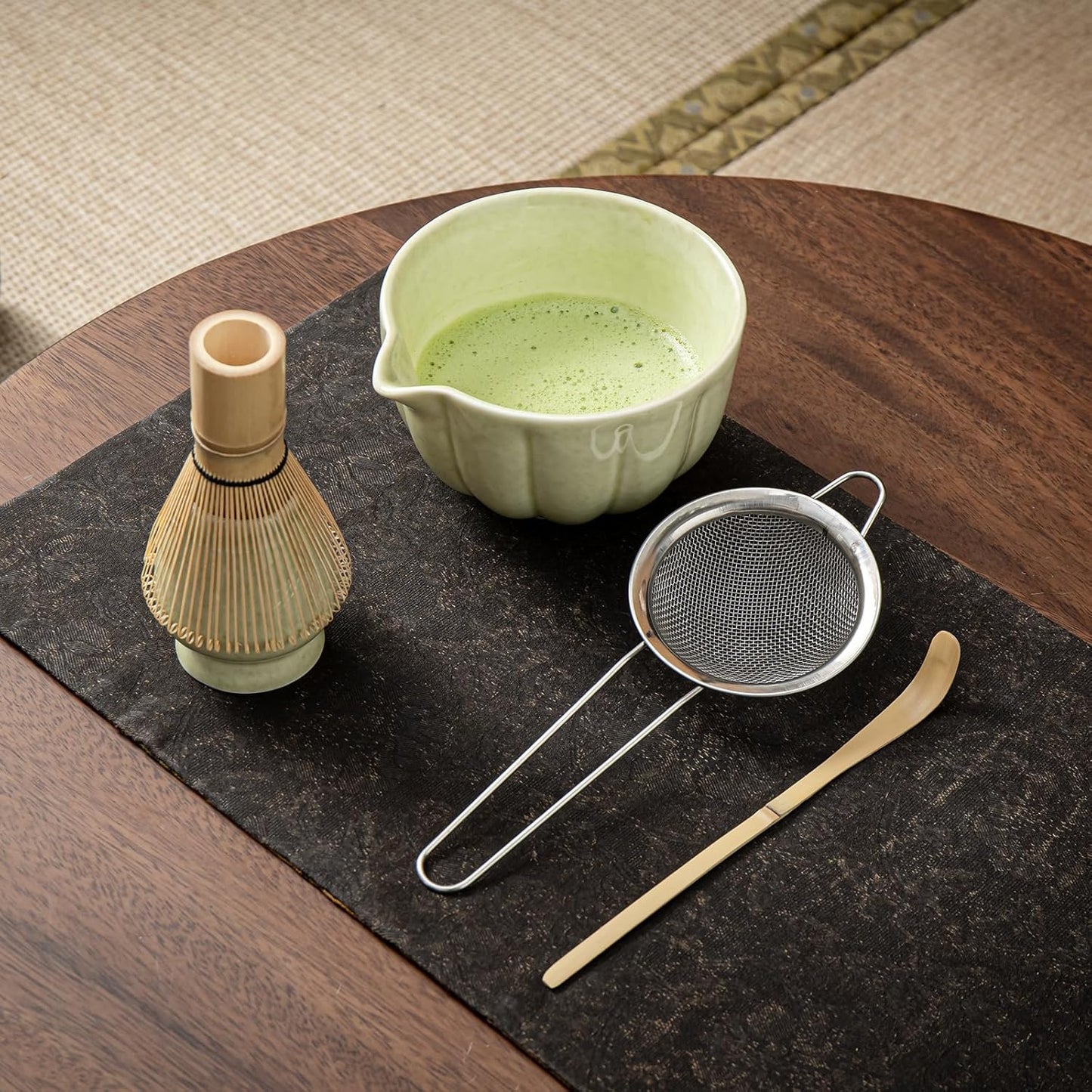 Skiennix Matcha Whisk Set - Complete 5-Piece Kit with Ceramic Bowl, Bamboo Whisk, and Sifter | Mottled Green