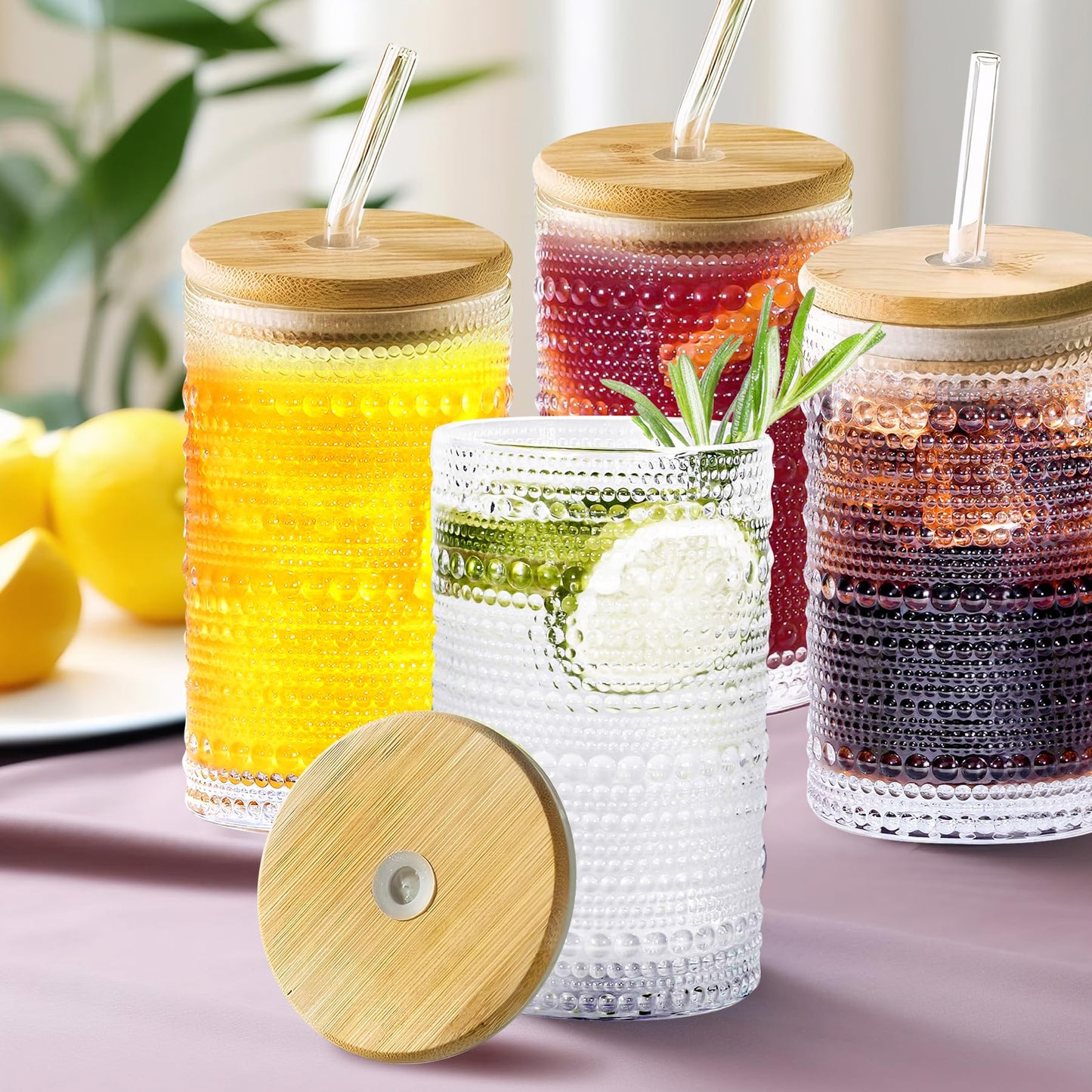 Hobnail Drinking Glasses with Bamboo Lids and Glass Straw 4Pcs Set - 14oz Vintage Glass Cups, Water Glasses, Iced Coffee Glasses, Cute Tumbler Cup, Ideal for Cocktail, Whiskey, Gift - Cleaning Brushes