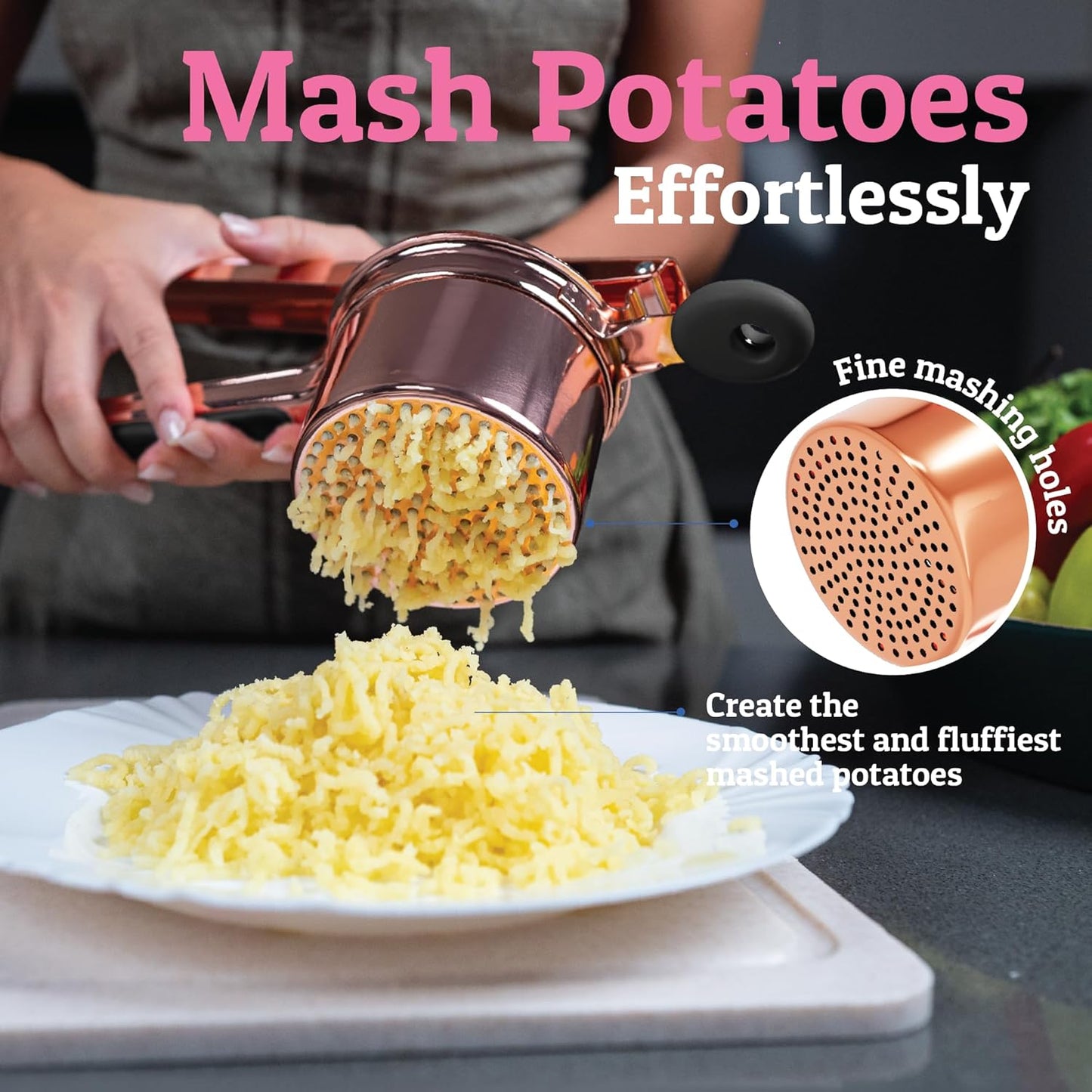 PriorityChef 15oz Potato Ricer - Heavy Duty Stainless Steel Masher for Perfect Mashed Potatoes | Rose Gold & Black