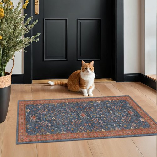 Hazo Haus Washable 2x4 Entry Rug - Non-Slip Rubber Backing | Perfect for Farmhouse & Boho Décor (Navy Blue)