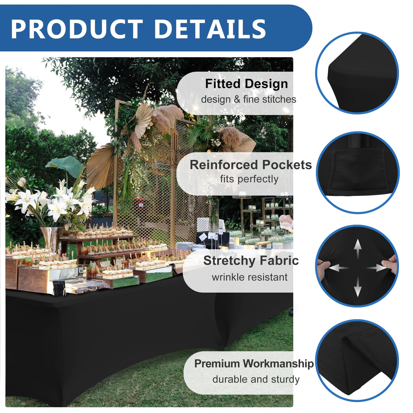 Enjoyidea Spandex Table Cover for 6 foot Rectangle Tables-6 Pack Fitted Stretch Black Tablecloth-Elastic 6ft Folding Tablecloths for Party, Vendor Booth Display, Banquet Buffet Event, Craft Trade Show