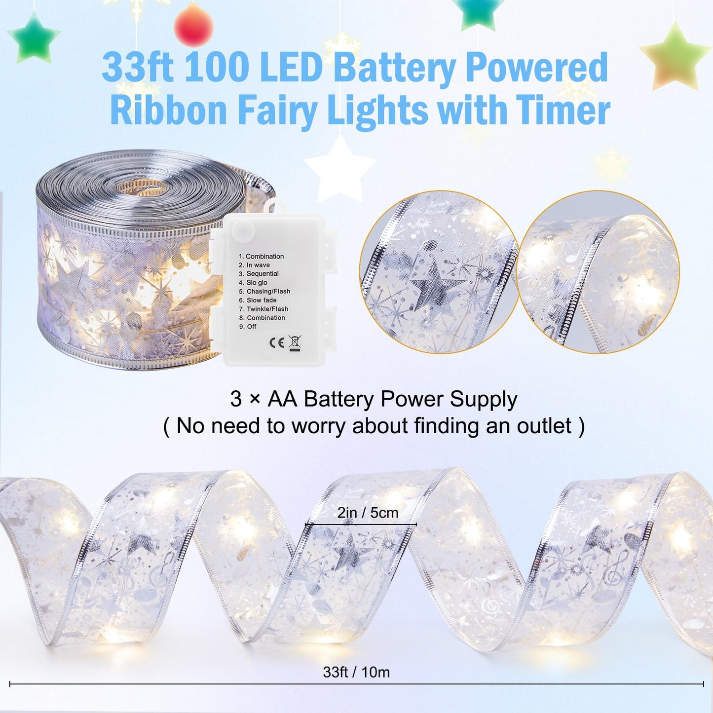 Minetom Christmas Tree Ribbon String Lights - 33ft 100 LED Battery Powered Fairy Lights with Timer