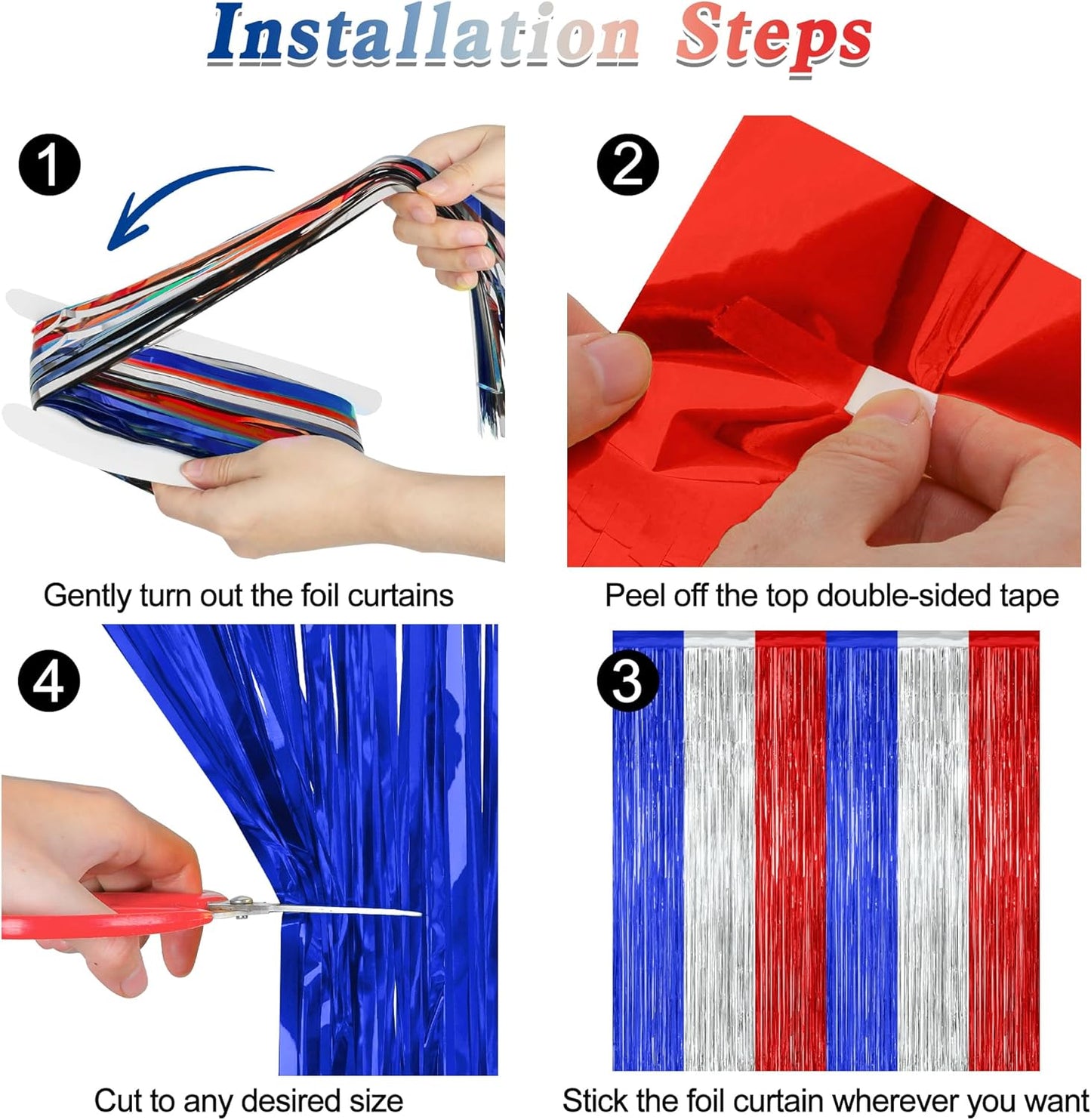 Patriotic Tinsel Backdrop by [Brand Name] - 12 Pack Metallic Blue, Silver & Red Fringe Curtains | 3.28 FT x 7.05 FT Independence Day Party Decorations