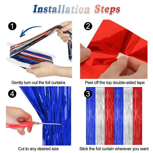 12 Pack 4th of July Decorations, 3.28 FT x 7.05 FT Patriotic Tinsel Backdrop, Metallic Blue Silver Red Fringe Curtains Party Streamer Foil Backdrop, Independence Day Party Supplies Patriotic Decor