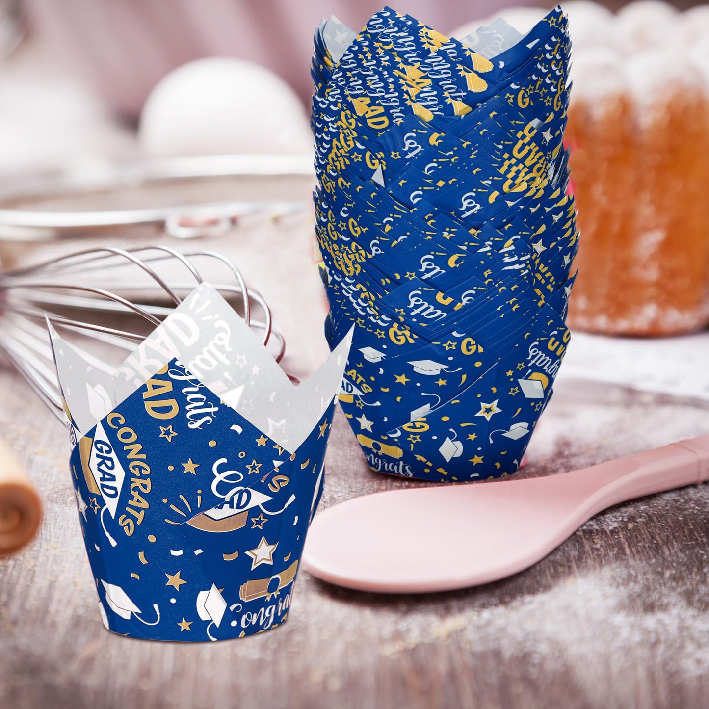 Nuenen 200 Pcs Graduation Tulip Cupcake Liners Bulk 2026 Congrats Grad Paper Baking Cup Greaseproof Muffin Liners Holders Graduation Cap Cake Paper Cup Tulip Cupcake Wrappers for Party(Blue, Gold)
