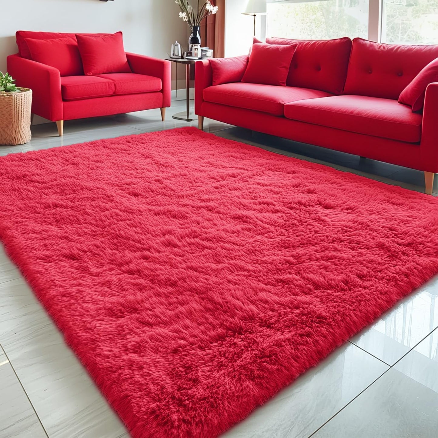 OLANLY Large Area Rug - Soft Fluffy Shaggy Carpet for Living Room & Bedroom | 5x8 Red Design