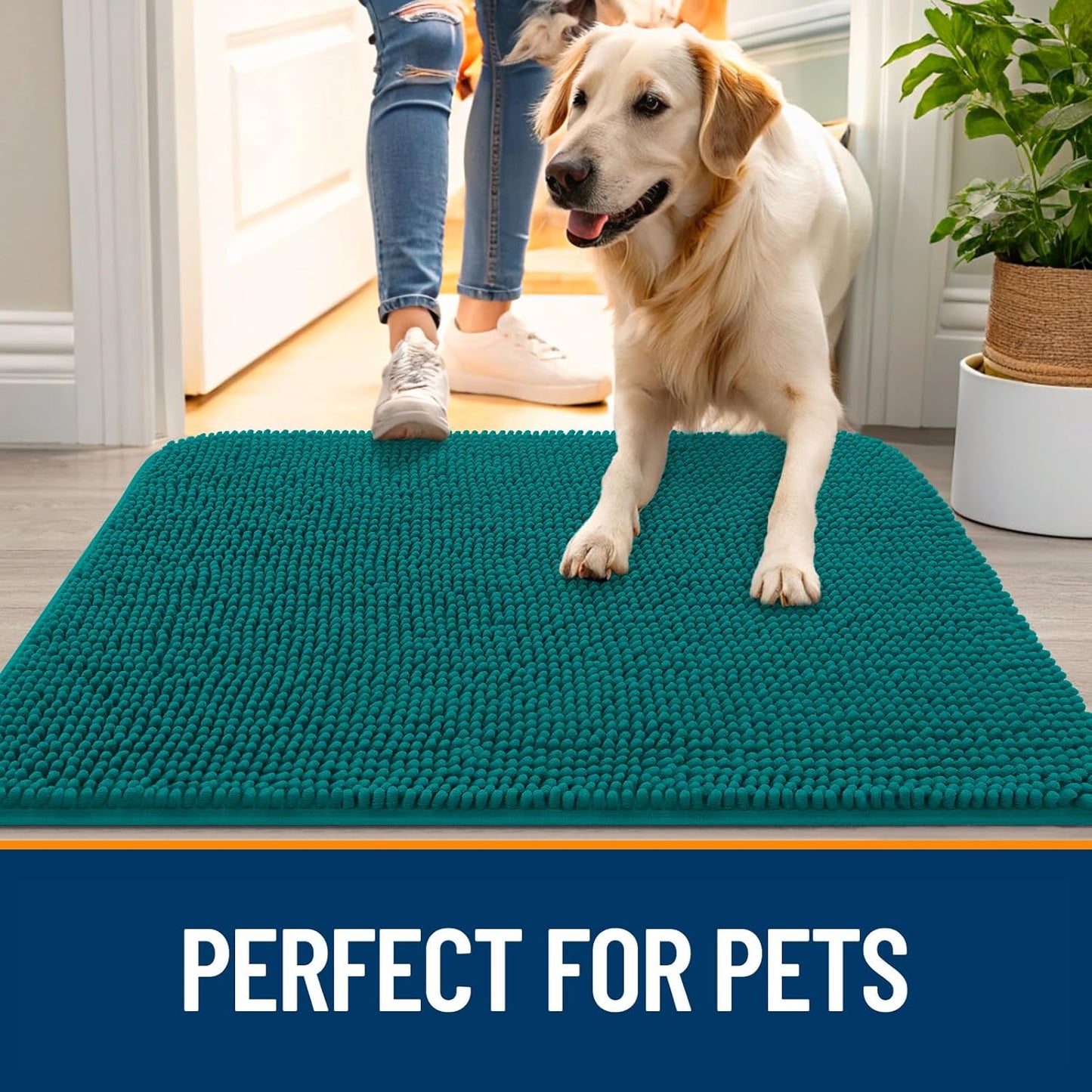 OLANLY Dog Door Mat - Absorbent Non-Slip Mud Mat for Dogs | Quick Dry Chenille, 35x24, Lake Blue