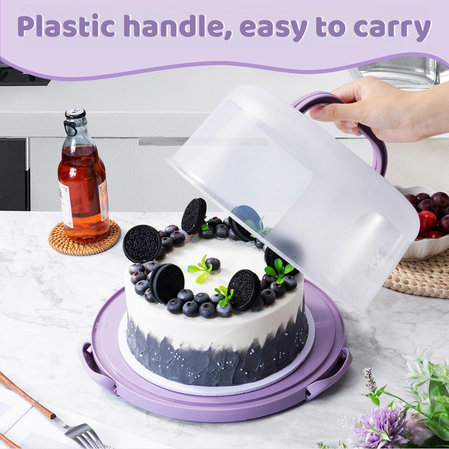 SETLUX 10in Plastic Cake Carrier with Handle, Round Cake Holder with Lid Pink Cake Container for 6in/8in/10in Cake(white)