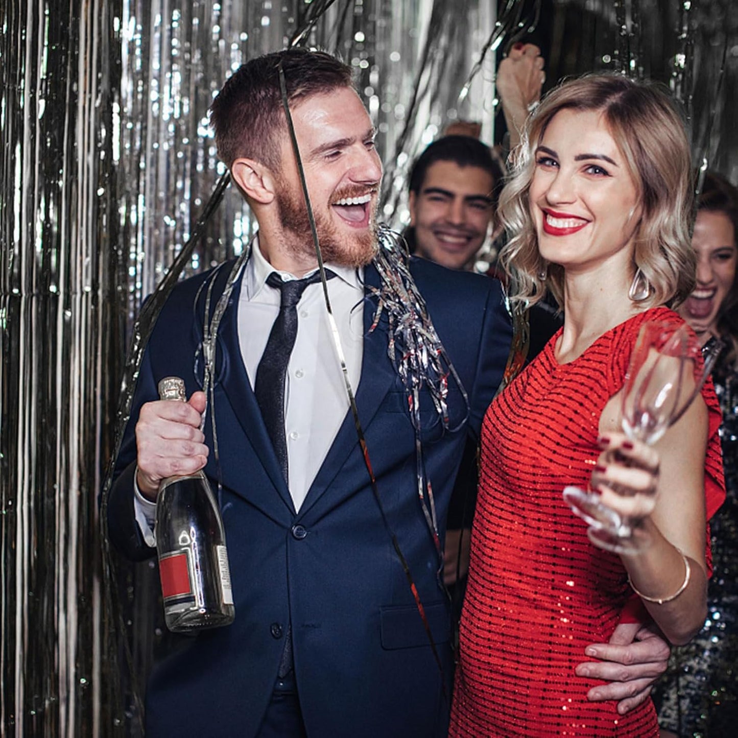 Skiennix Black Metallic Tinsel Foil Fringe Curtains - 2 Pack Photo Booth Backdrop for Parties & Celebrations