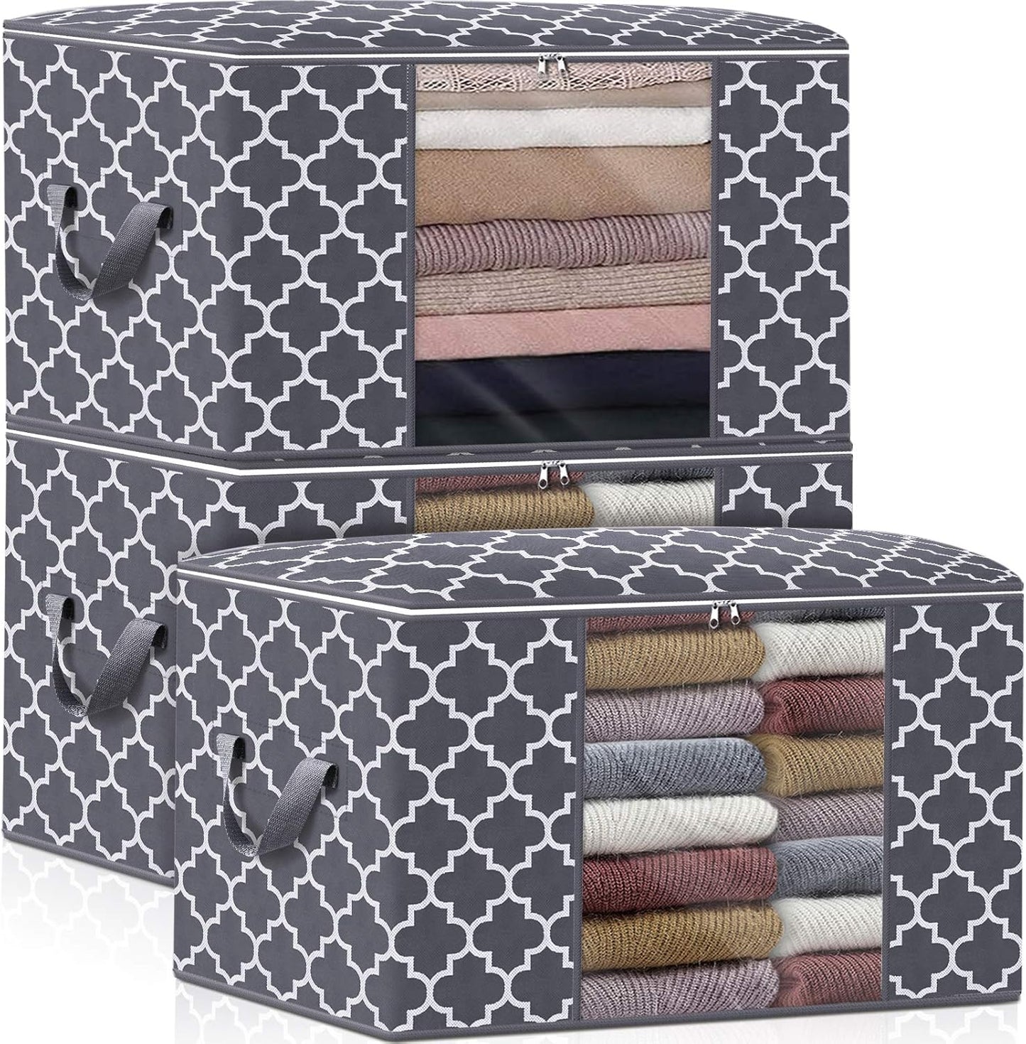WISELIFE Storage Bags - Large Blanket and Clothes Organizer with Clear Window | Grey, 3 x 100L, Foldable Design