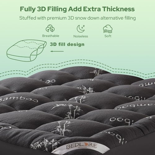 BEDLORE Queen Mattress Topper - Soft Bamboo Viscose Pillow Top for Back Pain Relief | Dark Gray, Fits 6-18 Inch Mattresses