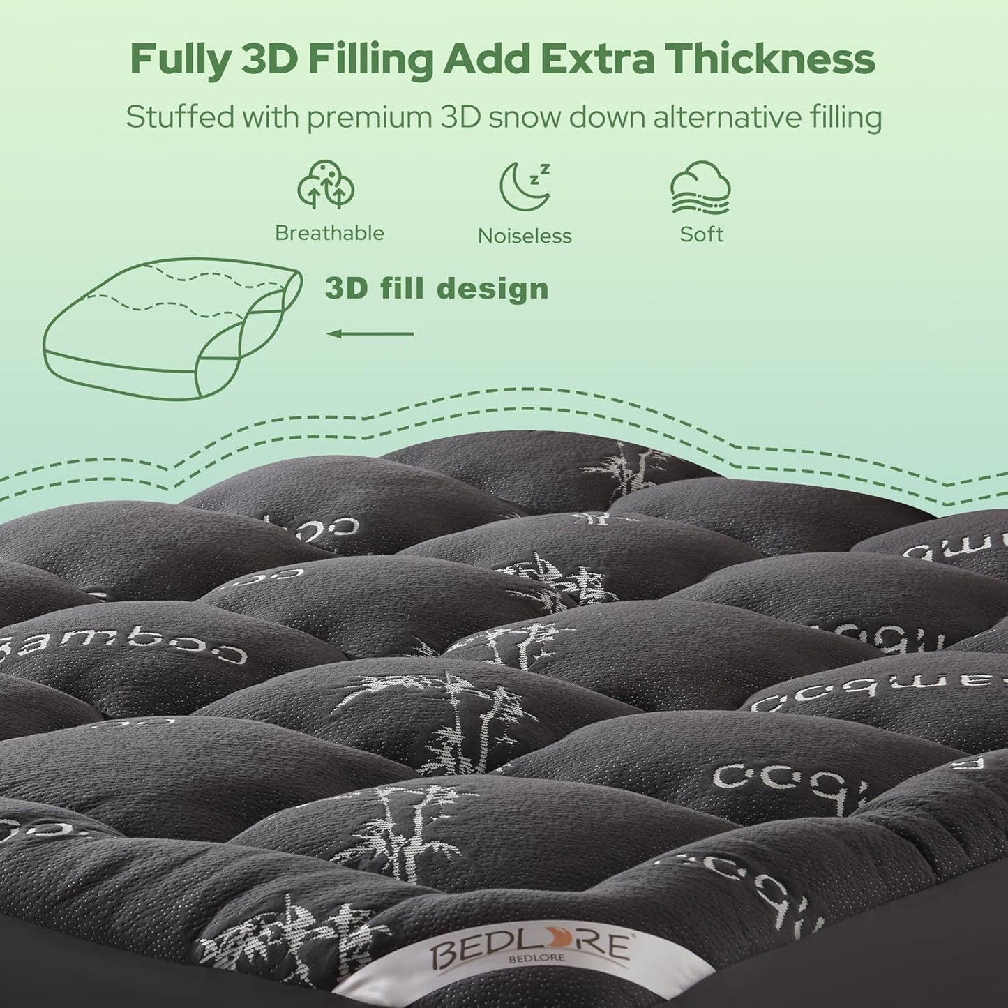 BEDLORE King Mattress Topper - Soft Bamboo Viscose Pillow Top for Back Pain Relief | Dark Gray, Fits 6"-18" Mattresses