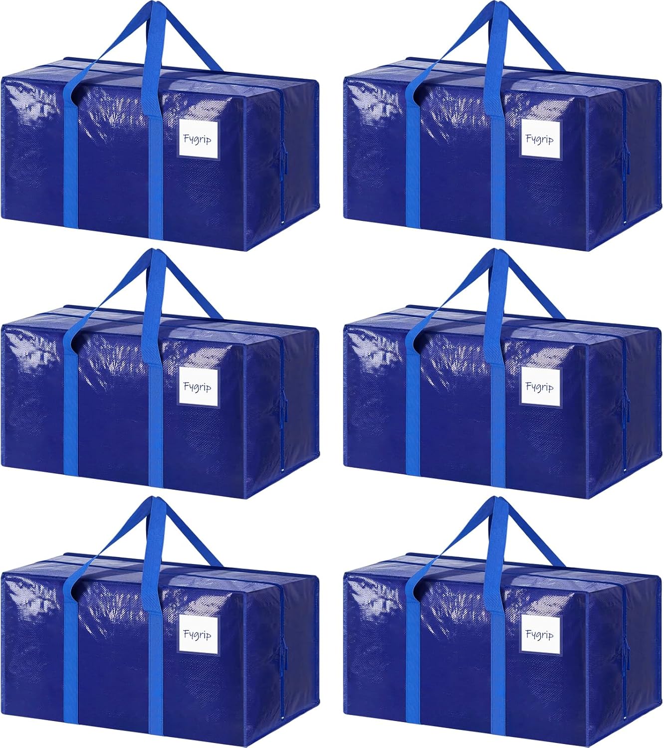 Skiennix Extra Heavy Duty Moving Bags - Large Storage Totes with Strong Zipper & Comfortable Handles | 6 Pack, Blue