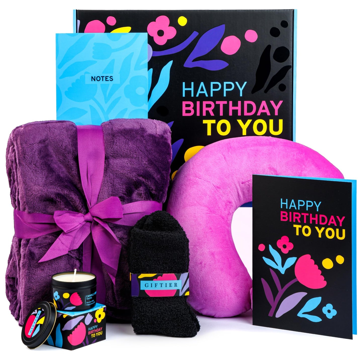 Birthday Gift Basket for Women - Happy Birthday Gift Basket For Her w/Memory Foam Pillow, Blanket, Candle, Socks, Journal, and Card - Curated Set for Women