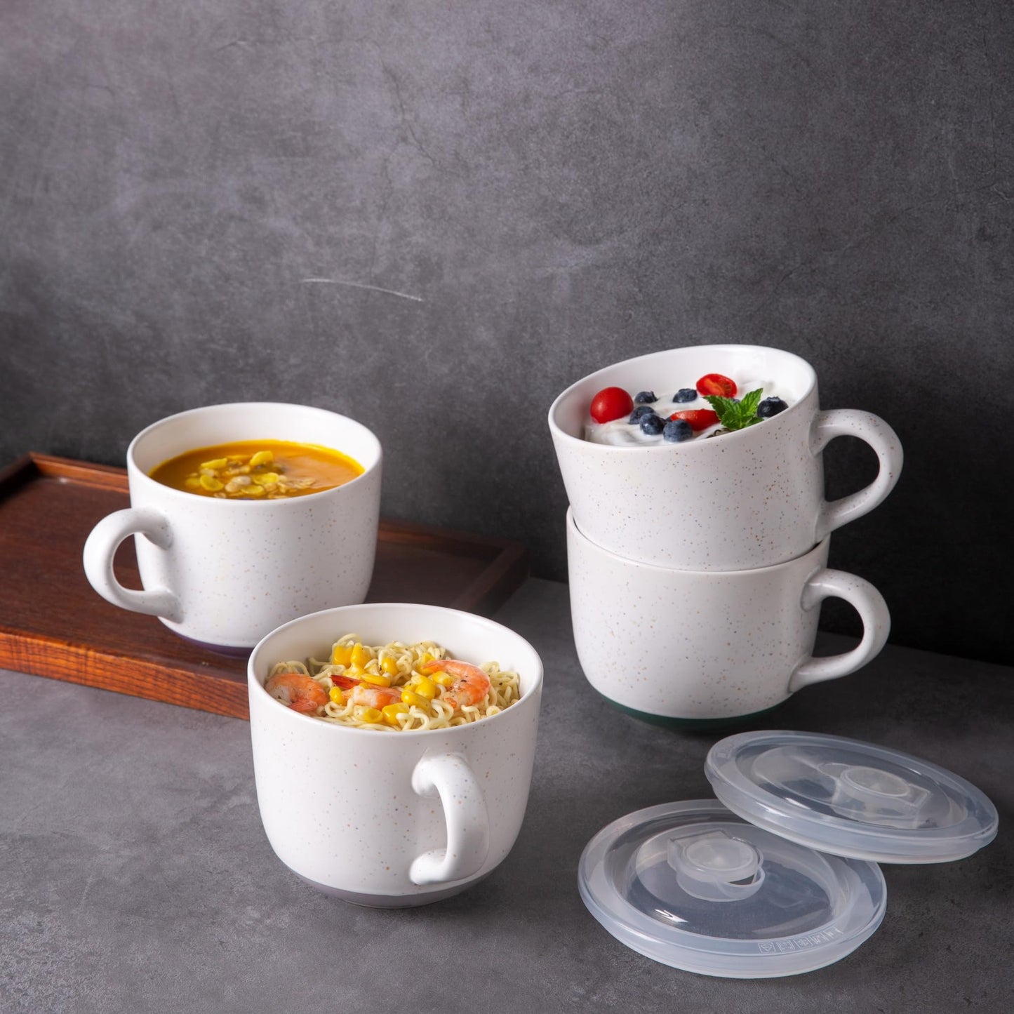 AmorArc Ceramic Soup Mugs with Lid, 32 oz Large Soup Cups with Hanlde for Coffee, Cereal, Salad, Noodles, Tea, Soup Bowls Cups, Microwave&Dishwasher Safe, Set of 2 (Purple & Green, 32oz - Set of 2)