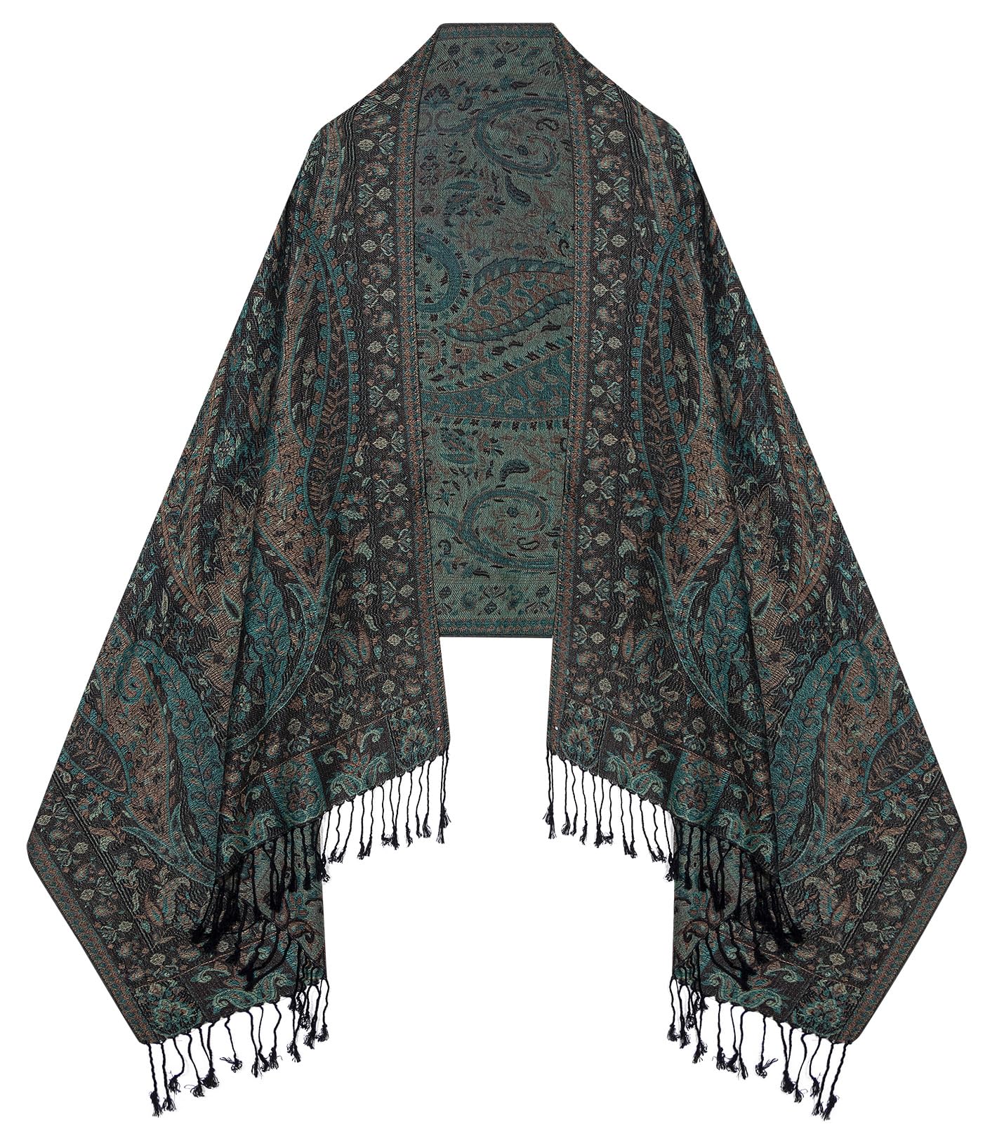 Umjetnost Womens Soft Silky Pashmina Rave Scarf Paisley Pattern Pashmina Shawl Wrap with Fringes (F Black Green)