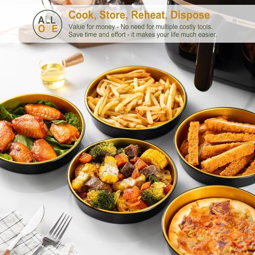 Air Fryer Foil Liners by [Brand Name] - 20 Pack 7-Inch Round Disposable Aluminum Pans | High-Heat Safe, Food-Grade Black & Gold