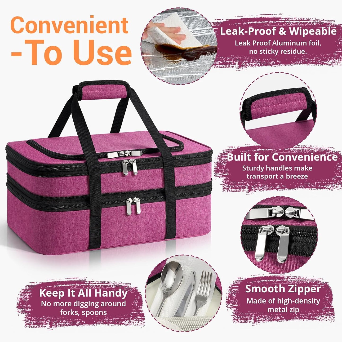 Skiennix Insulated Double Casserole Carrier - Portable Hot/Cold Food Tote Bag for Potlucks | Fits 9" x 13" Dish - Pink