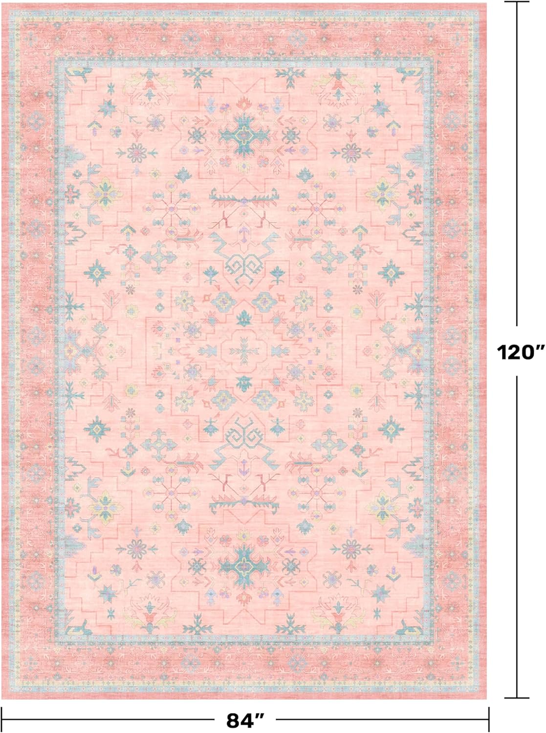 Oushak Rugs | Washable Pink & Blue 7x10 Area Rug - Soft, Non-Slip, Modern Floral Design for Bedroom & Living Room