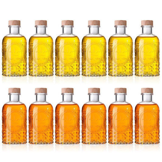 Teenyyou 12 Pcs Clear Glass Bottles 6.8oz/ 200ml Whiskey Glass Bottles Vintage with T Top Cap for Wine Beverage Drinks Oil Vinegar Kombucha Beer Soda with Cork Stopper(Vintage Oval)
