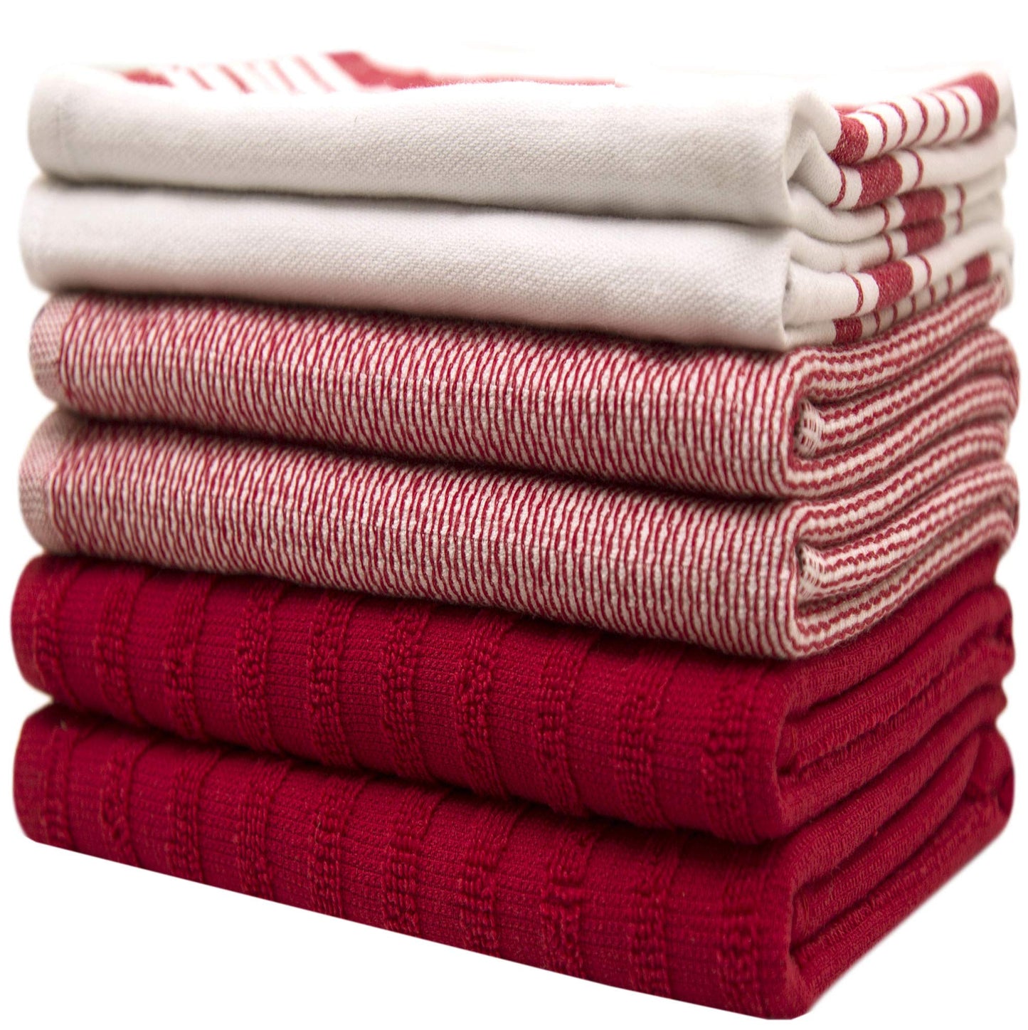 Premium Kitchen Towels (20”x 28”, 6 Pack) | Large Cotton Dish Towels | Flat & Terry Highly Absorbent Kitchen Linen Set with Hanging Loop | Red Striped