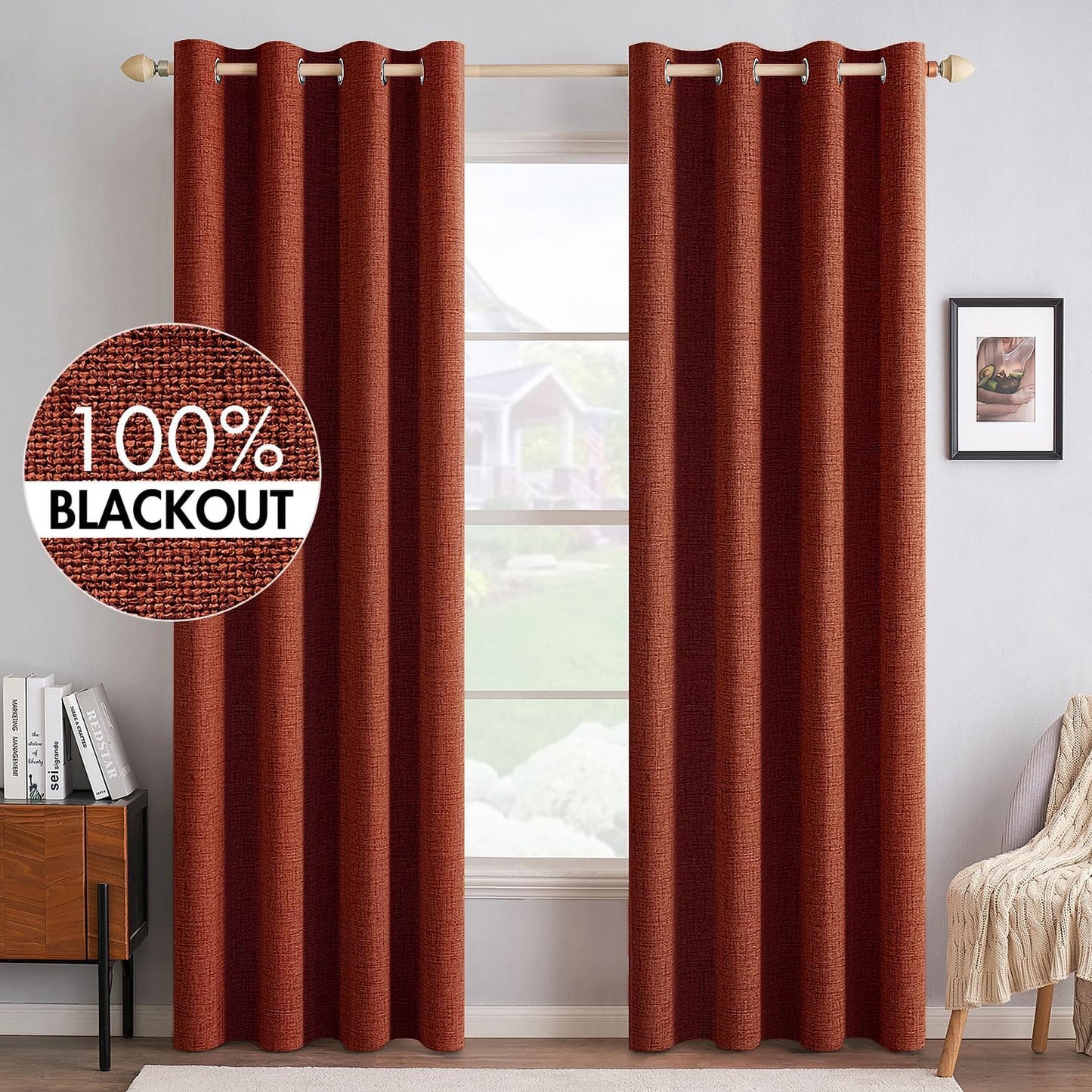 MIULEE Blackout Linen Curtains - Thermal Insulated Burnt Orange Drapes for Bedroom & Living Room | 52 x 108 Inch (2 Panels)