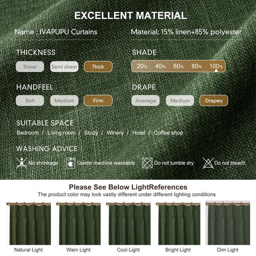 IVAPUPU Linen Pinch Pleated Blackout Curtains for Bedroom - Full Black Out Green Curtains 84 Inch Long 2 Panel for Living Room Darkening Thermal Window Curtain Drapes for Christmas Decor